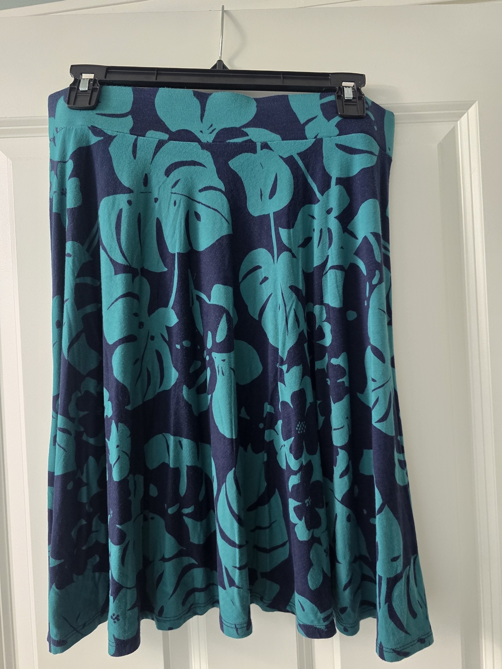 LOFT Navy and Teal Tropical Print Skater Skirt